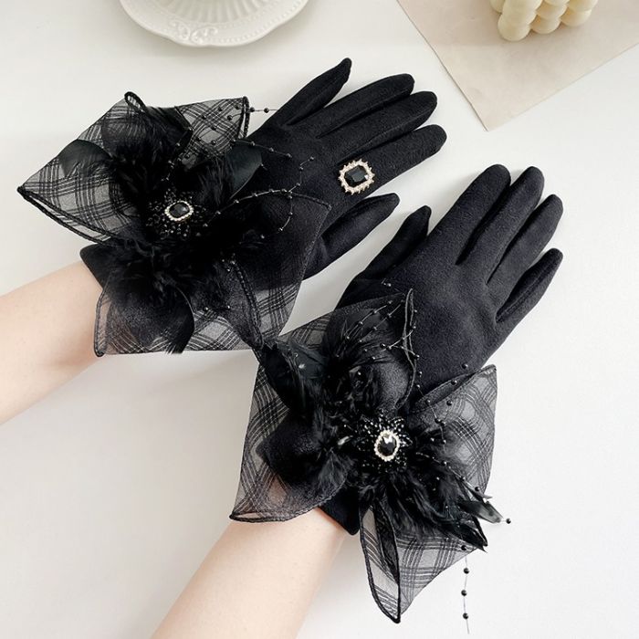 Luxury Organza Bow &amp; Feather Embellished Gloves