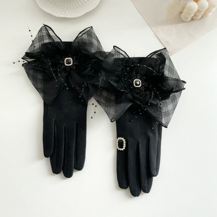 Luxury Organza Bow &amp; Feather Embellished Gloves