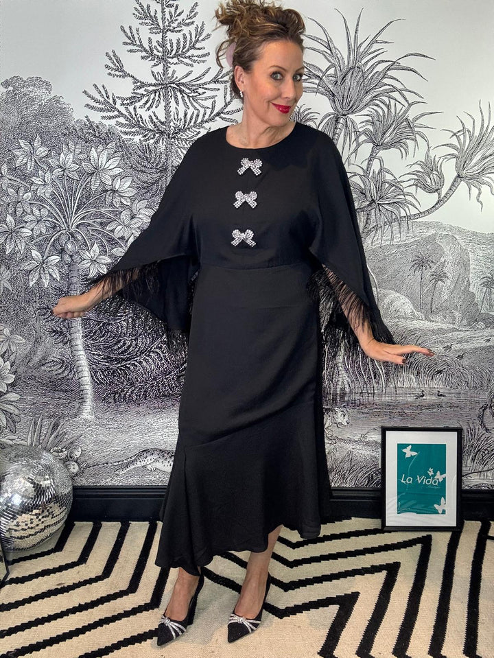 Helena Feather Trim Flutter Sleeve Midi Dress