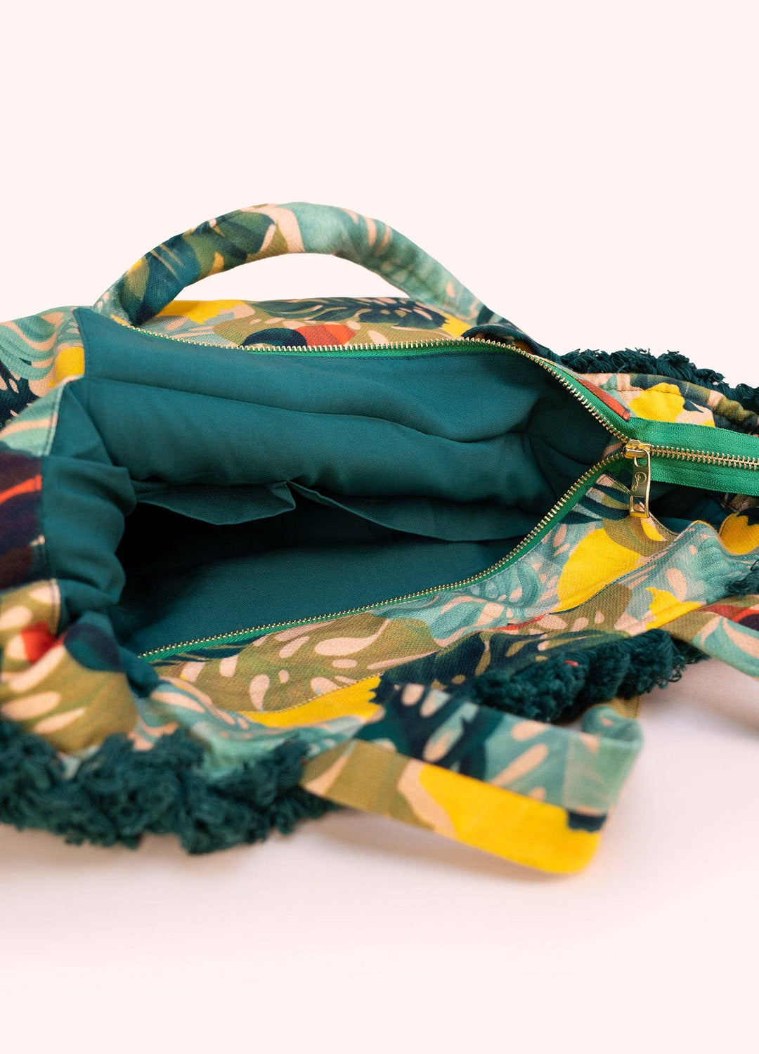 Fringed Box Tote Bag in Exotic Green Leaves