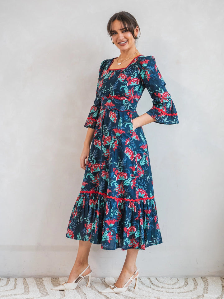 Portrait Square Neck Midi Dress in Solstice Sky