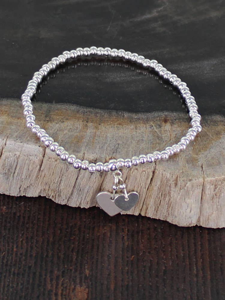 Elasticated Bracelet with Heart Charms [Silver-Plate]