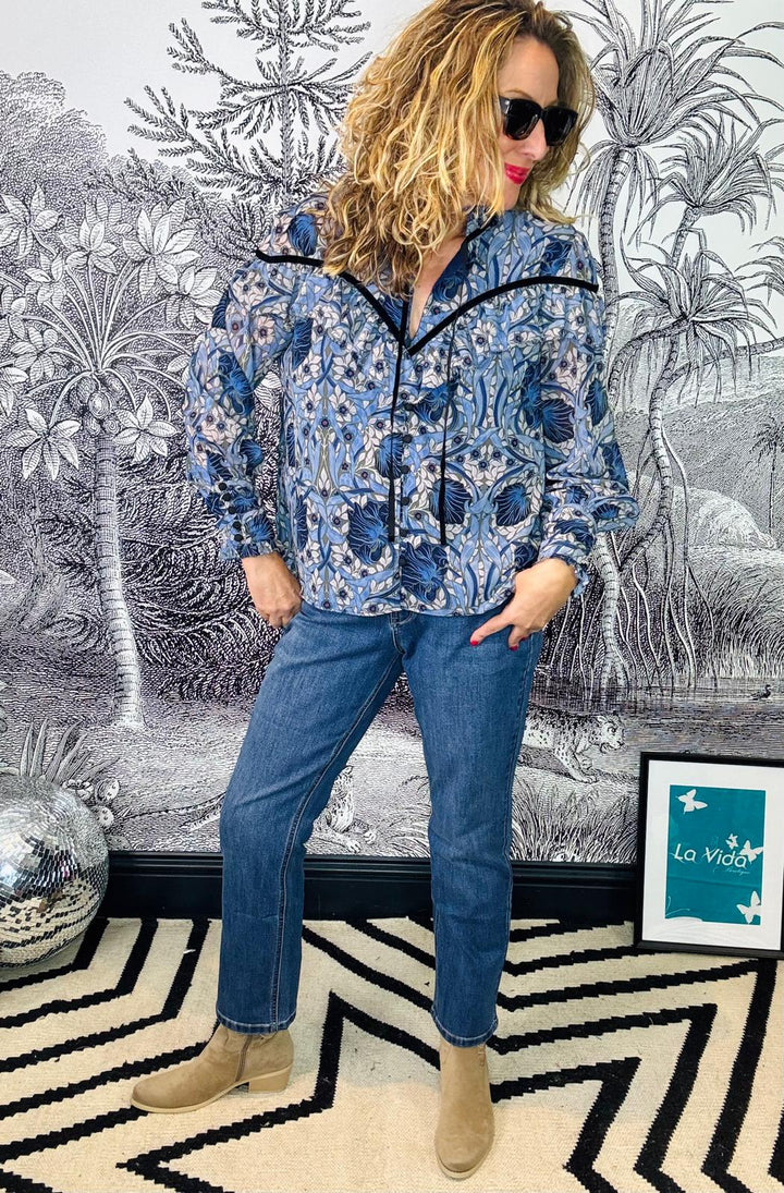 Mylene Long Sleeve Frill Shirt with Velvet Detail