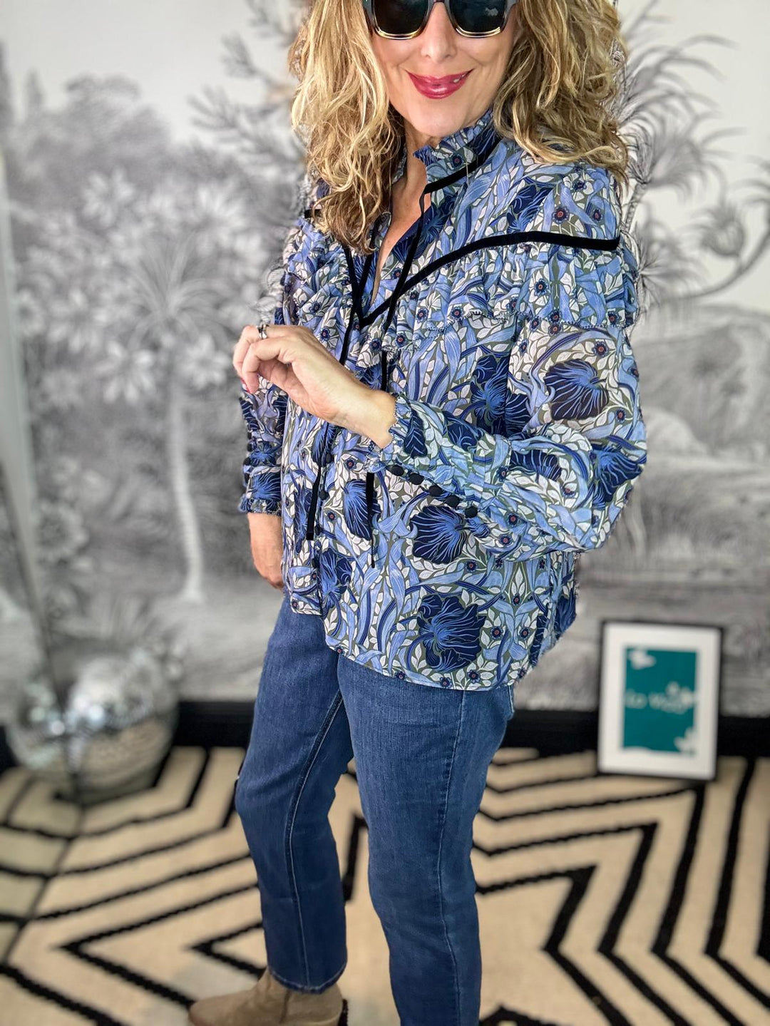 Mylene Long Sleeve Frill Shirt with Velvet Detail