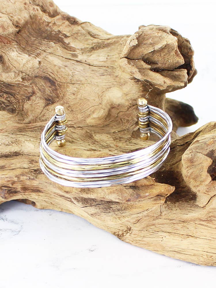 KH1711 NARROW MIXED SILVER &amp; GOLD BAR CUFF