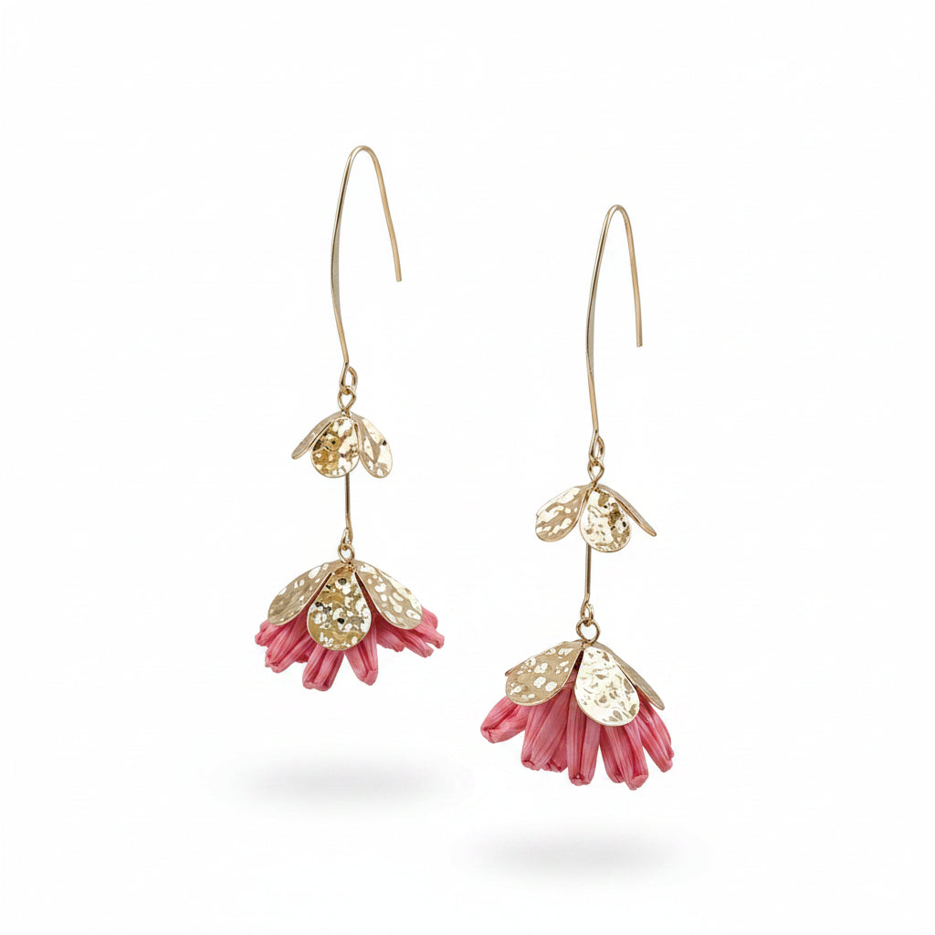 Light weight pretty flower earrings with little golden taffeta flower components