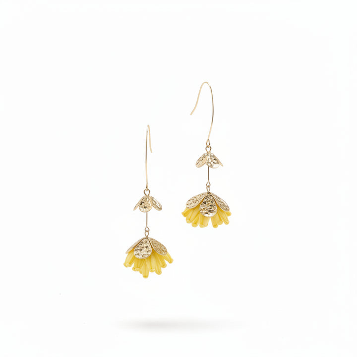 Light weight pretty flower earrings with little golden taffeta flower components