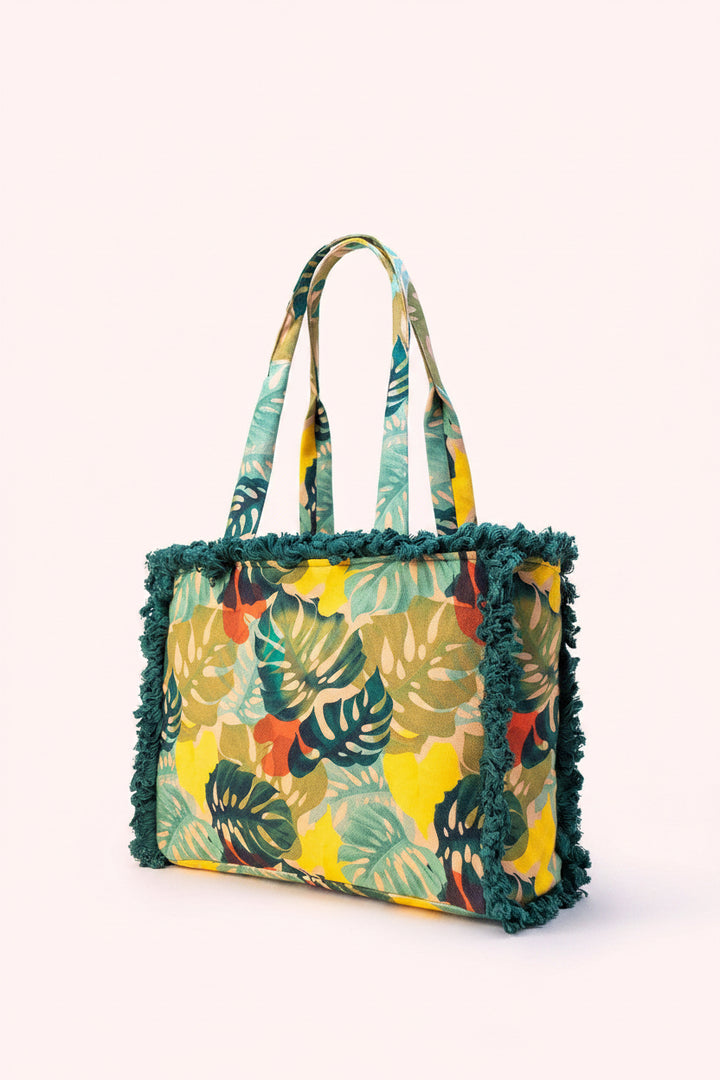 Fringed Box Tote Bag in Exotic Green Leaves