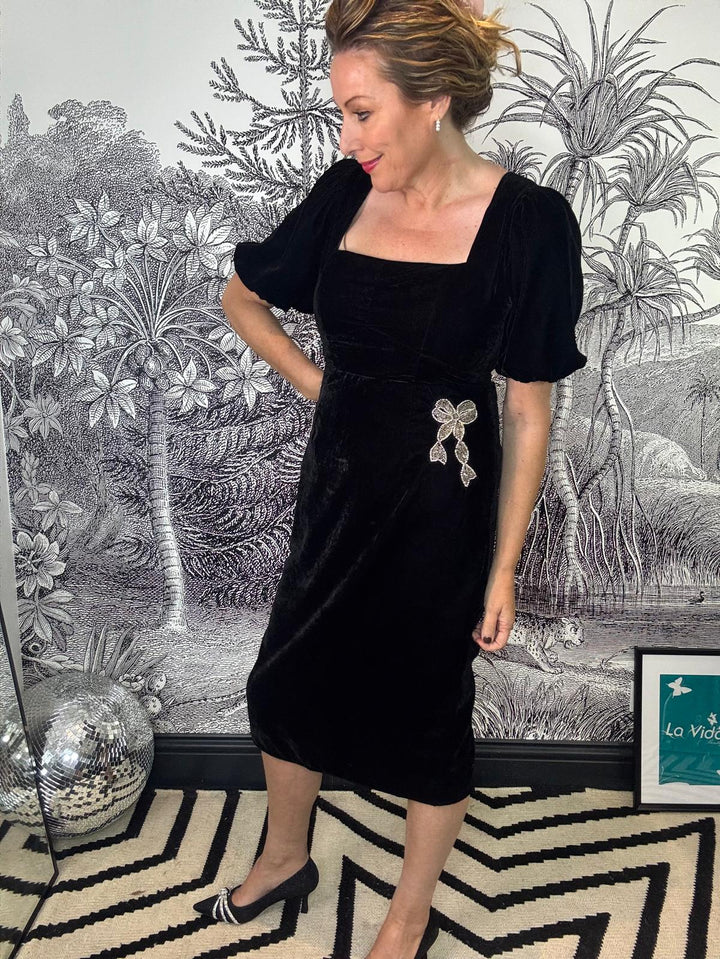 Alba Velvet Puff Sleeve Midi Dress with Embellished Bow
