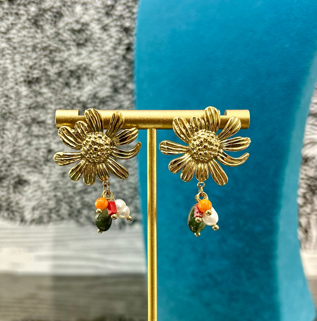 Gold Daisy &amp; Bead Drop Earrings