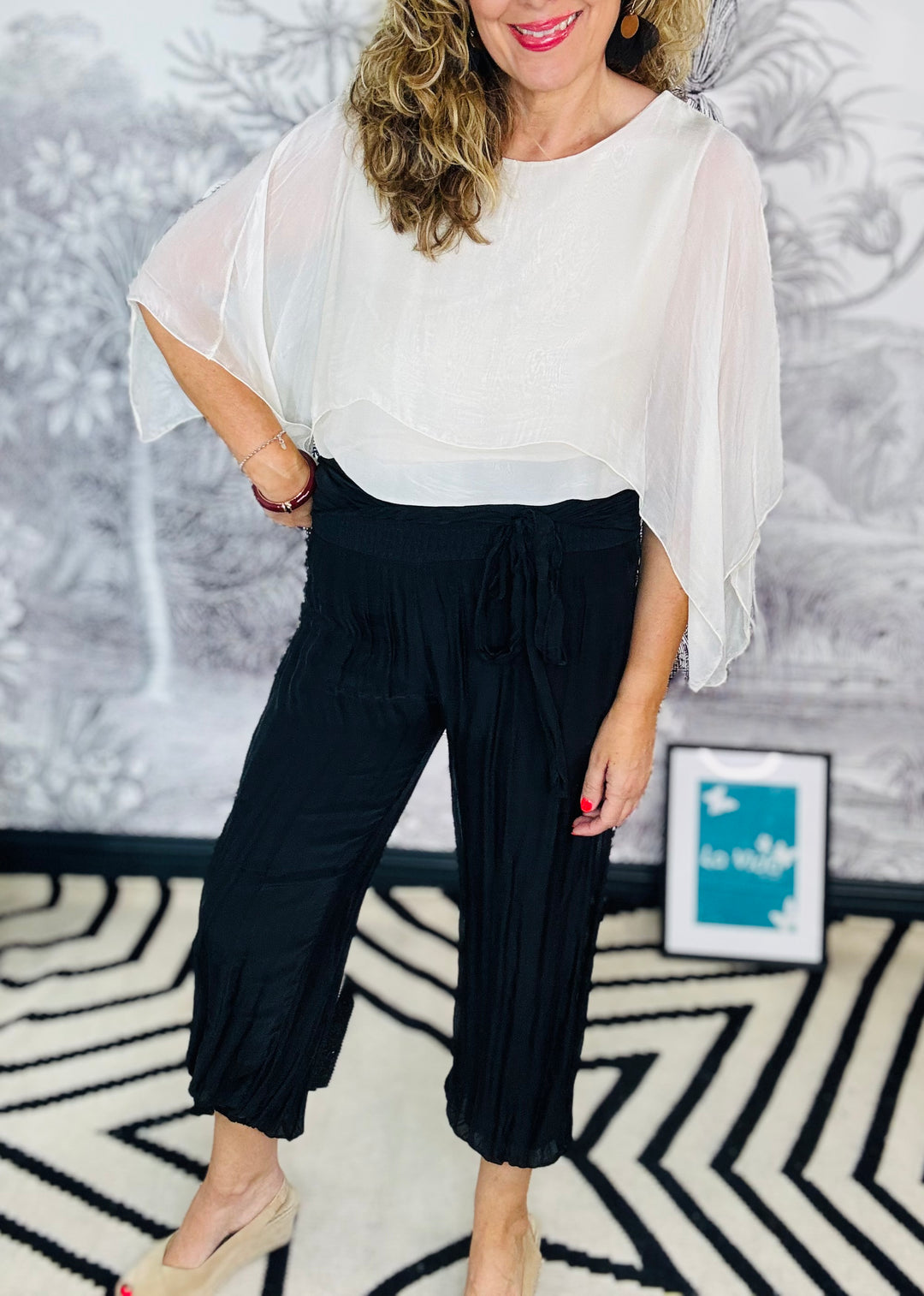 Silk Aladdin Trousers with Wide Elasticated Waistband and Tie