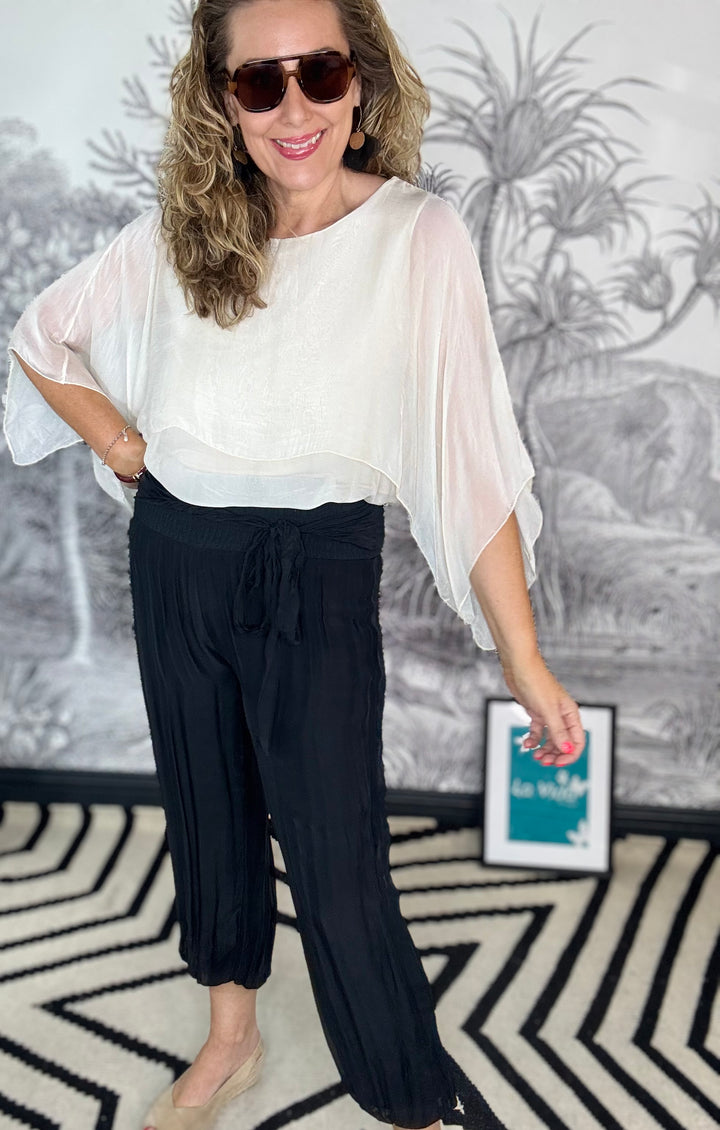 Silk Aladdin Trousers with Wide Elasticated Waistband and Tie