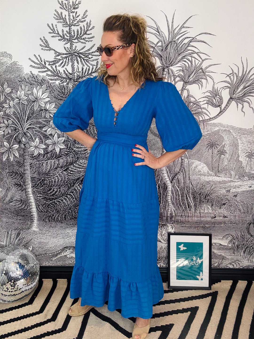 Taylor Long Blue Dress in Openwork Cotton