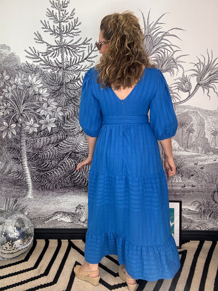 Taylor Long Blue Dress in Openwork Cotton