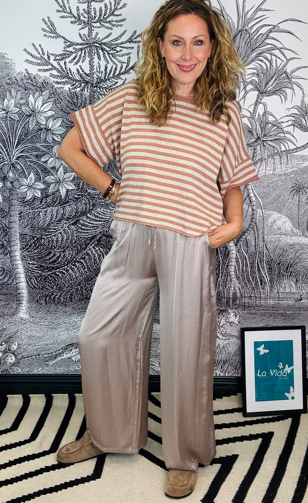 Tuscany Satin Palazzo Pants in Taupe