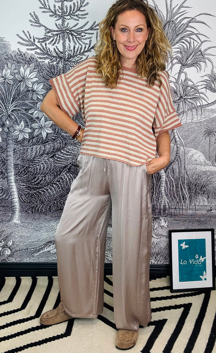 Tuscany Satin Palazzo Pants in Taupe