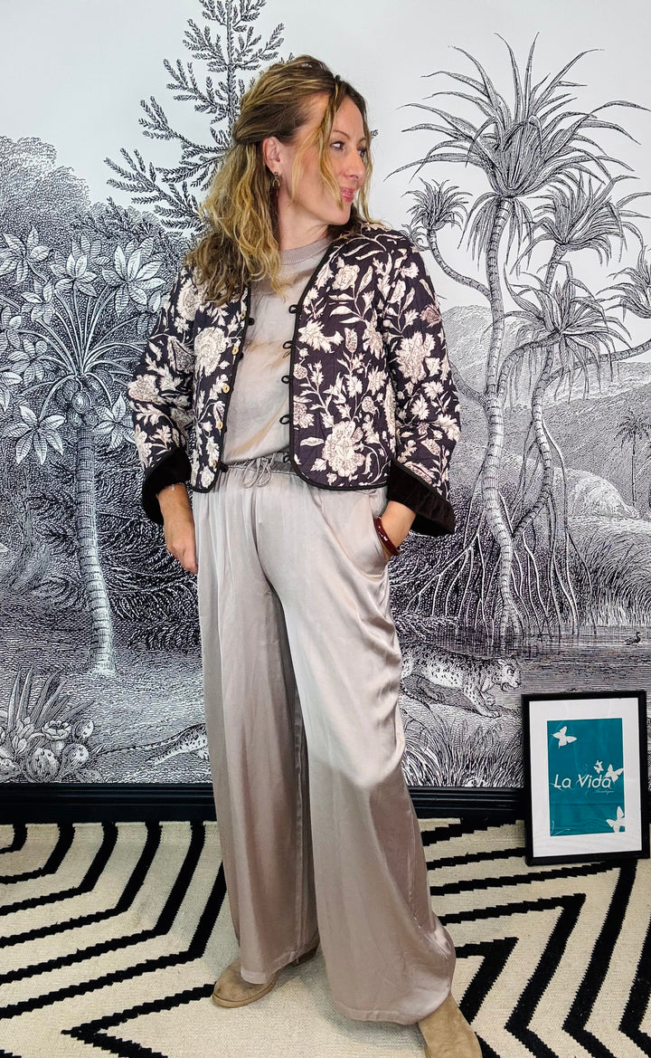 Tuscany Satin Palazzo Pants in Taupe