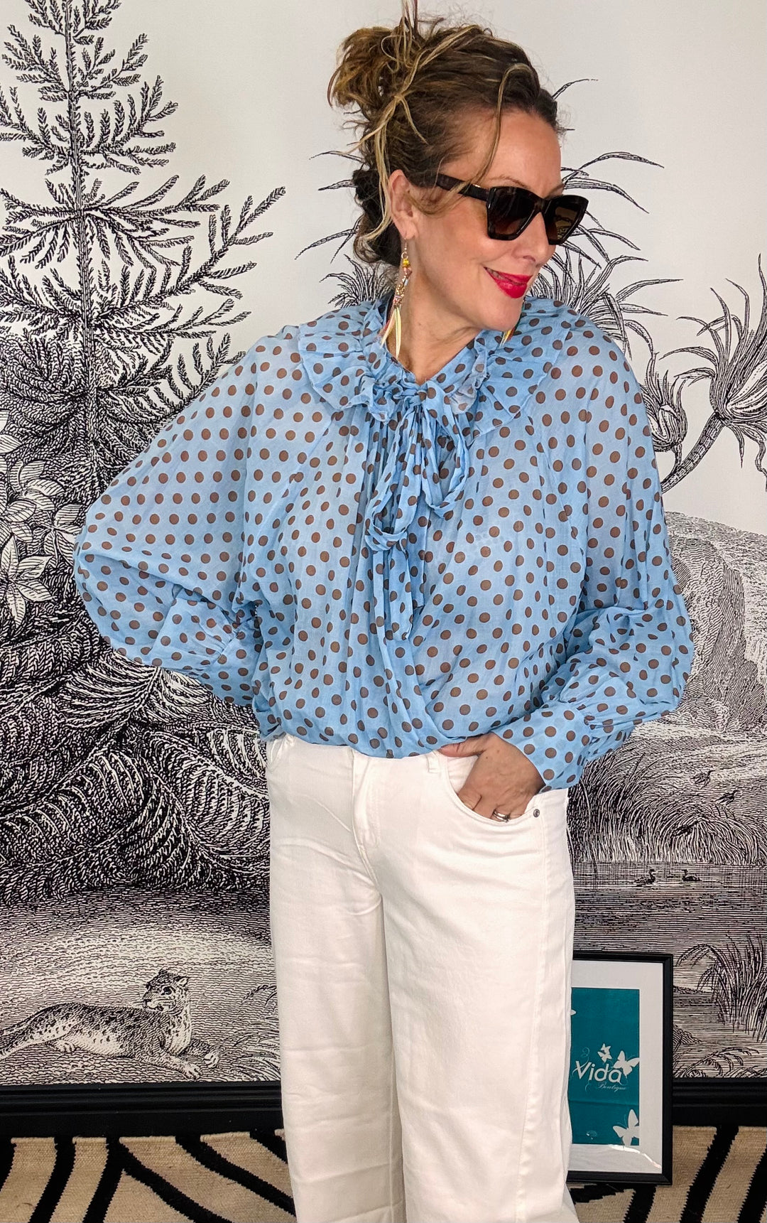 Camilla Ruffle Tie Neck Polka Dot Cotton Blouse in Blue
