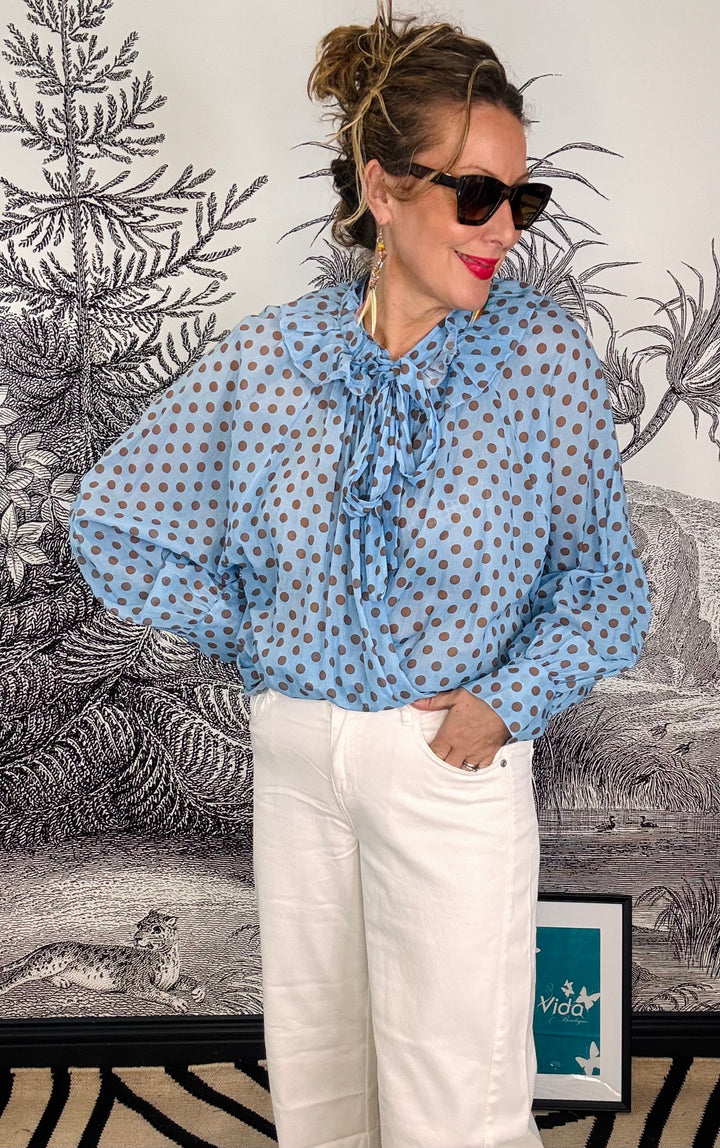 Camilla Ruffle Tie Neck Polka Dot Cotton Blouse in Blue