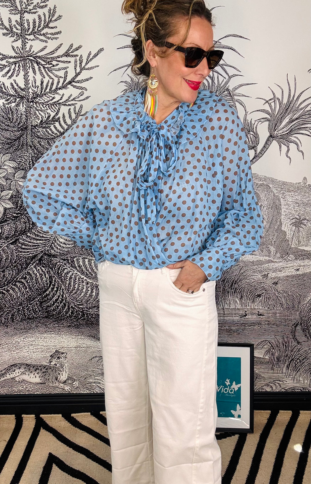 Camilla Ruffle Tie Neck Polka Dot Cotton Blouse in Blue