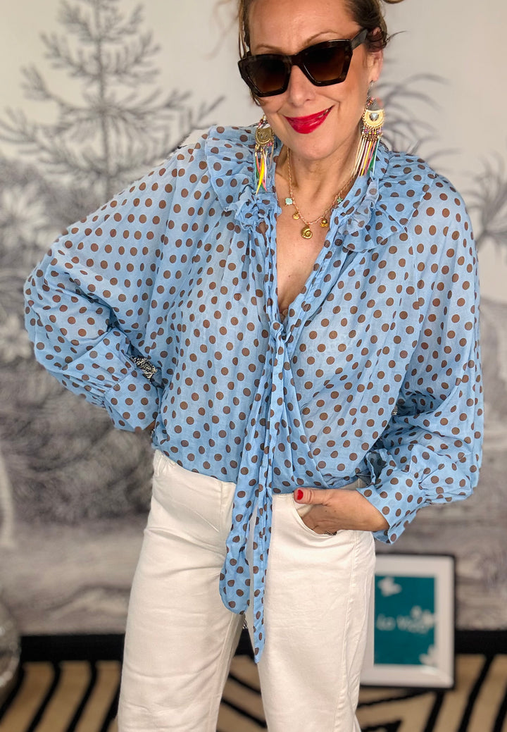 Camilla Ruffle Tie Neck Polka Dot Cotton Blouse in Blue