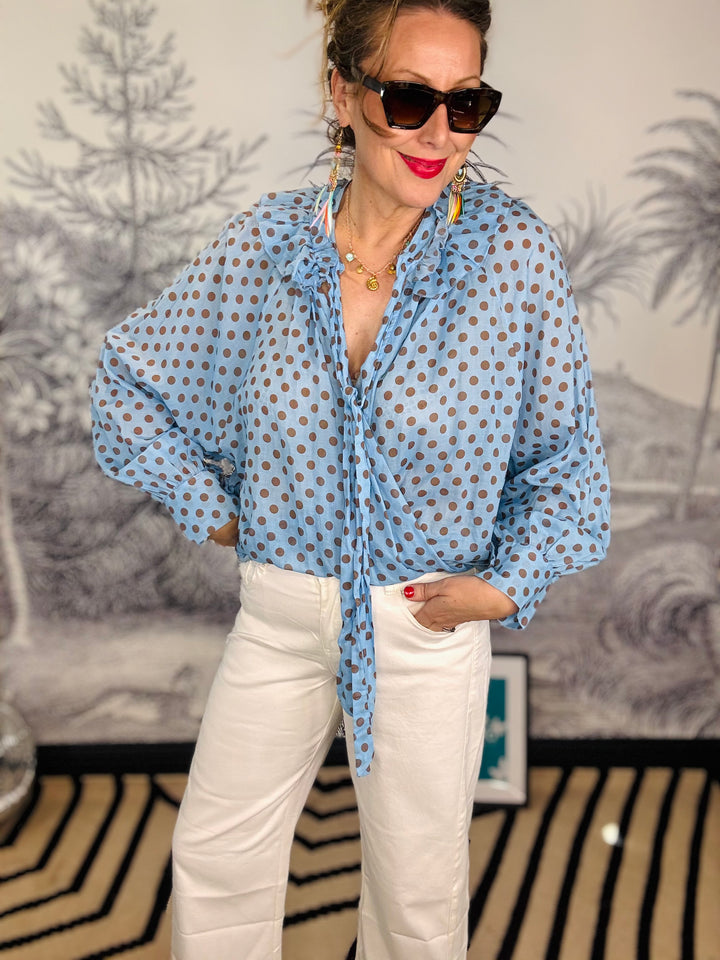Camilla Ruffle Tie Neck Polka Dot Cotton Blouse in Blue