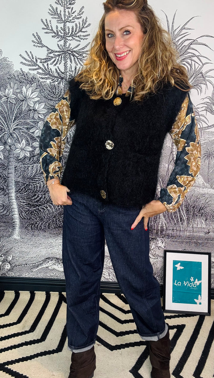 Joerk Mohair Knitted Button Vest in Black