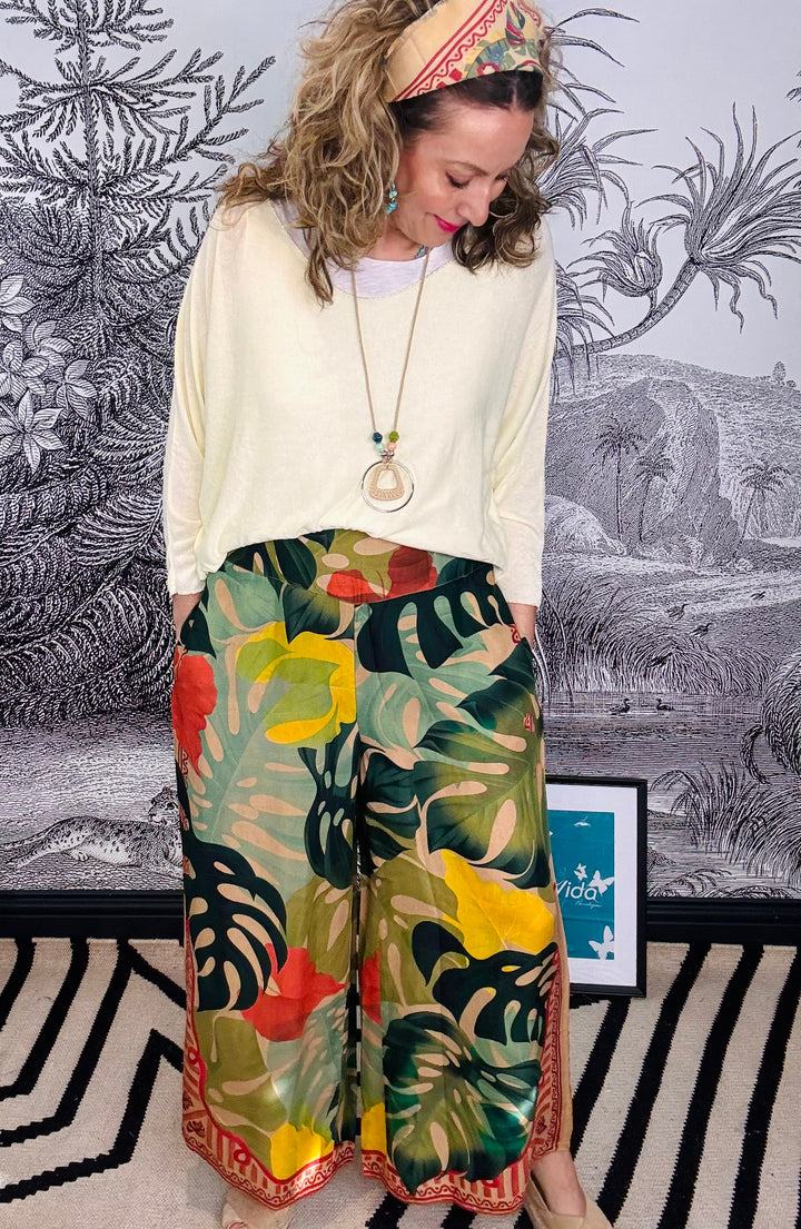 Exotic Leaves Cotton Wide Leg Trousers