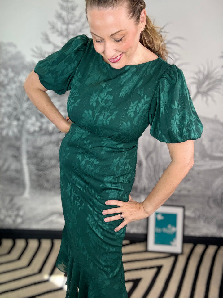 Forest Green Jacquard Puff Sleeve Midi Dress