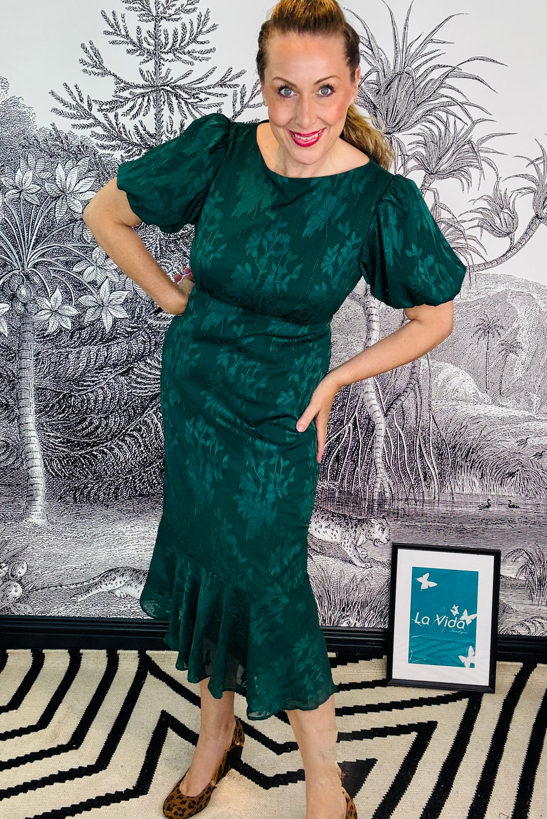 Forest Green Jacquard Puff Sleeve Midi Dress