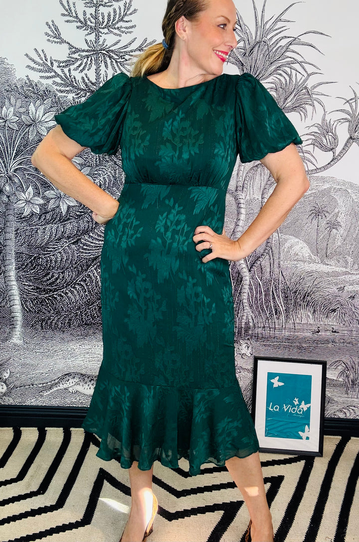 Forest Green Jacquard Puff Sleeve Midi Dress