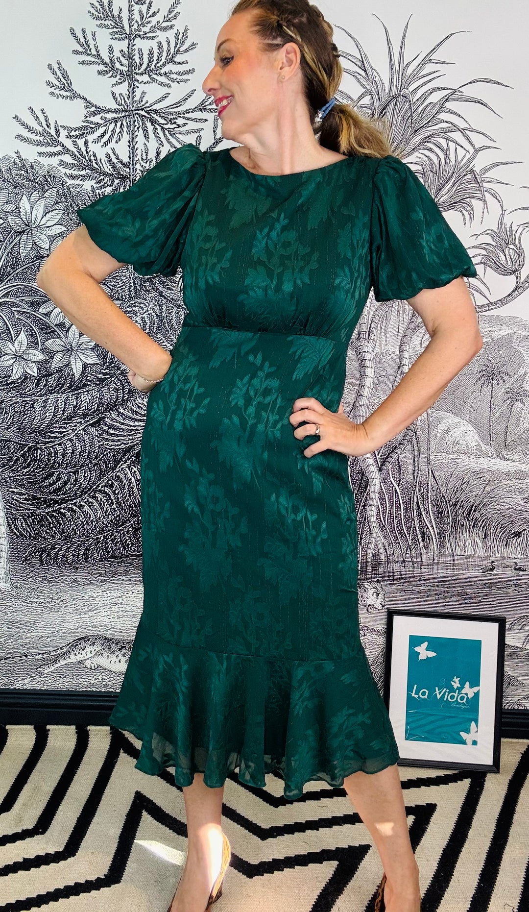 Forest Green Jacquard Puff Sleeve Midi Dress