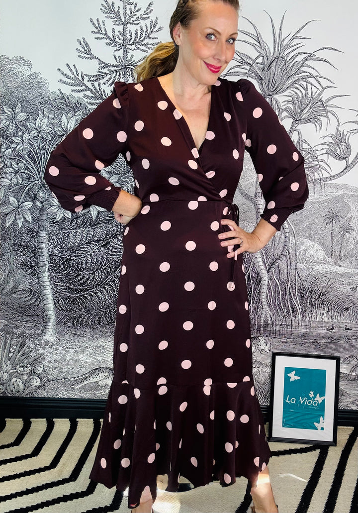 Berry Spot Wrap Long Sleeve Midaxi Dress