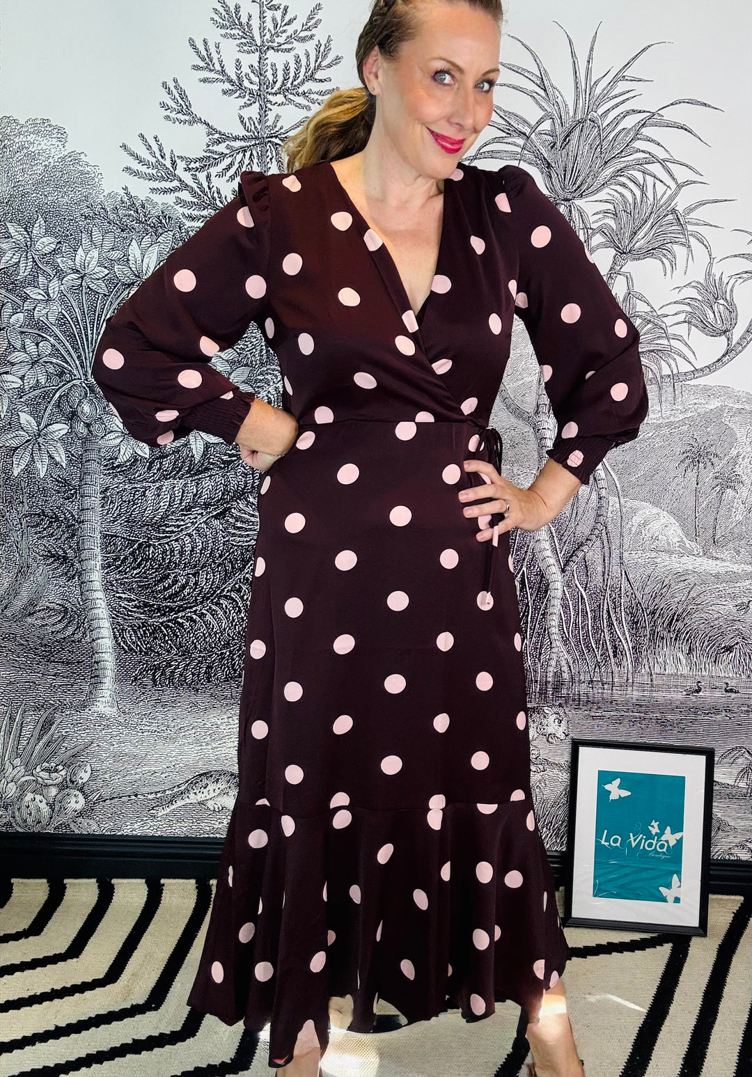 Berry Spot Wrap Long Sleeve Midaxi Dress