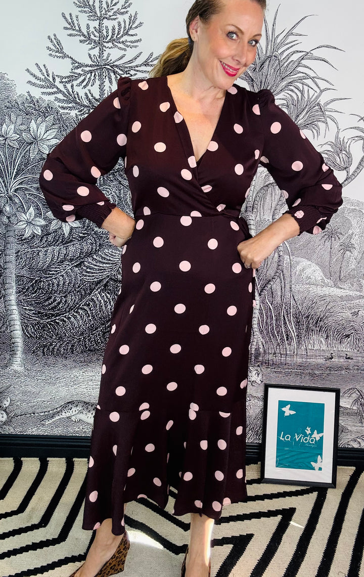 Berry Spot Wrap Long Sleeve Midaxi Dress