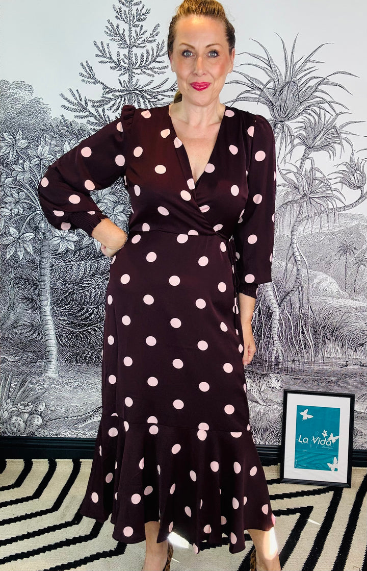 Berry Spot Wrap Long Sleeve Midaxi Dress