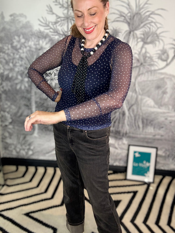 Anne Mesh Blouse Navy Dot