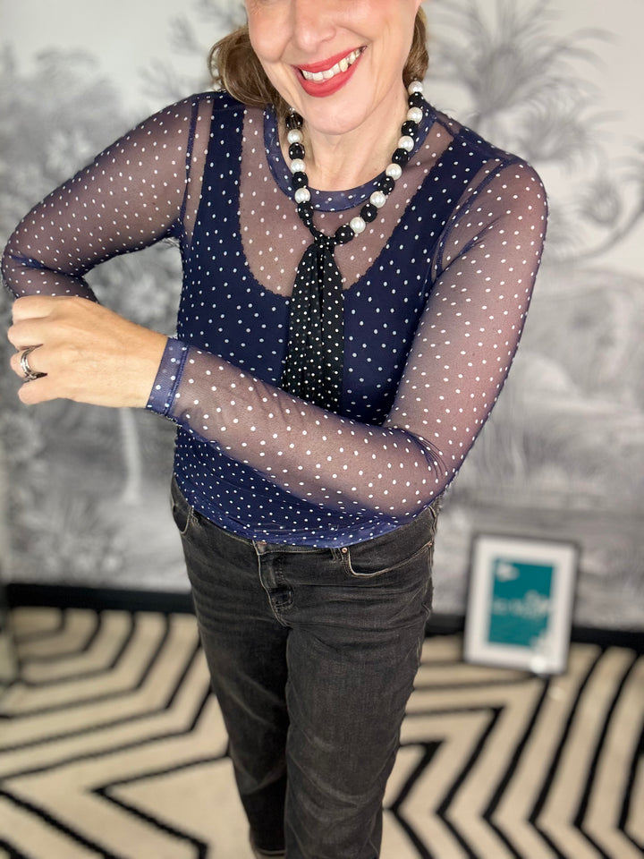 Anne Mesh Blouse Navy Dot
