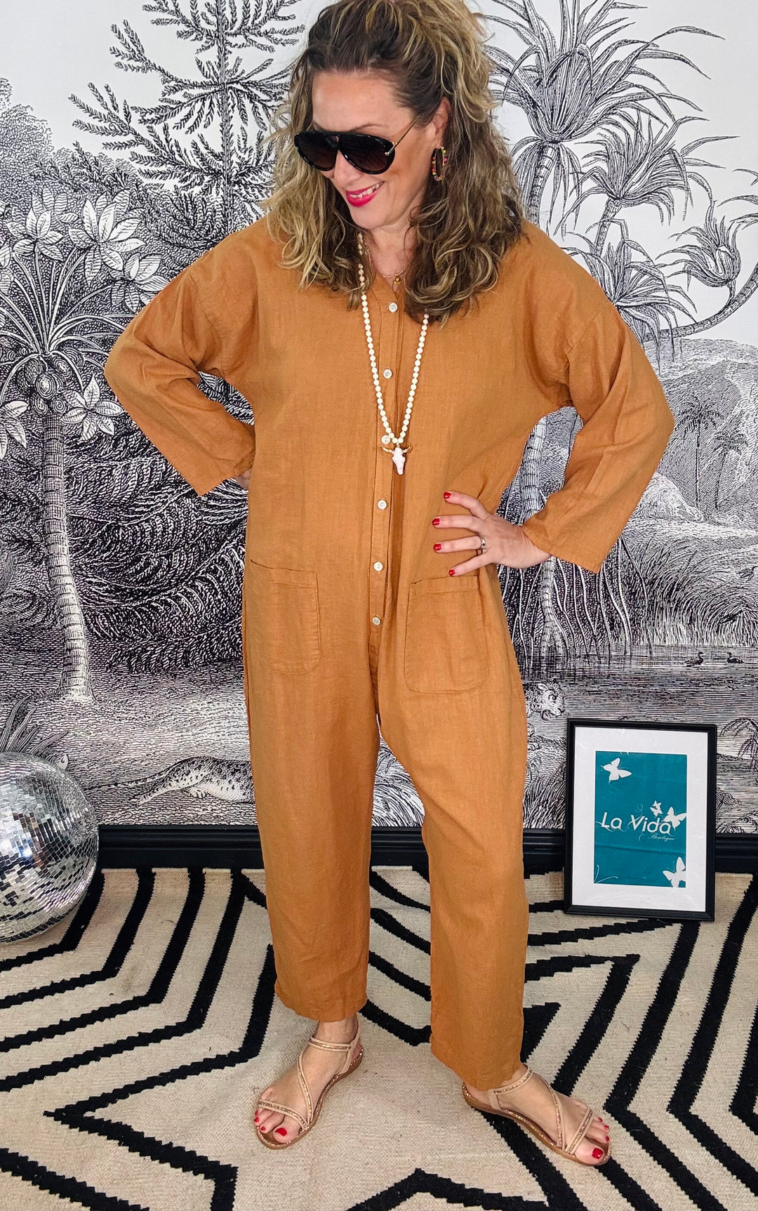 Lisbon Linen Button Down Boiler Suit in Tan Colour
