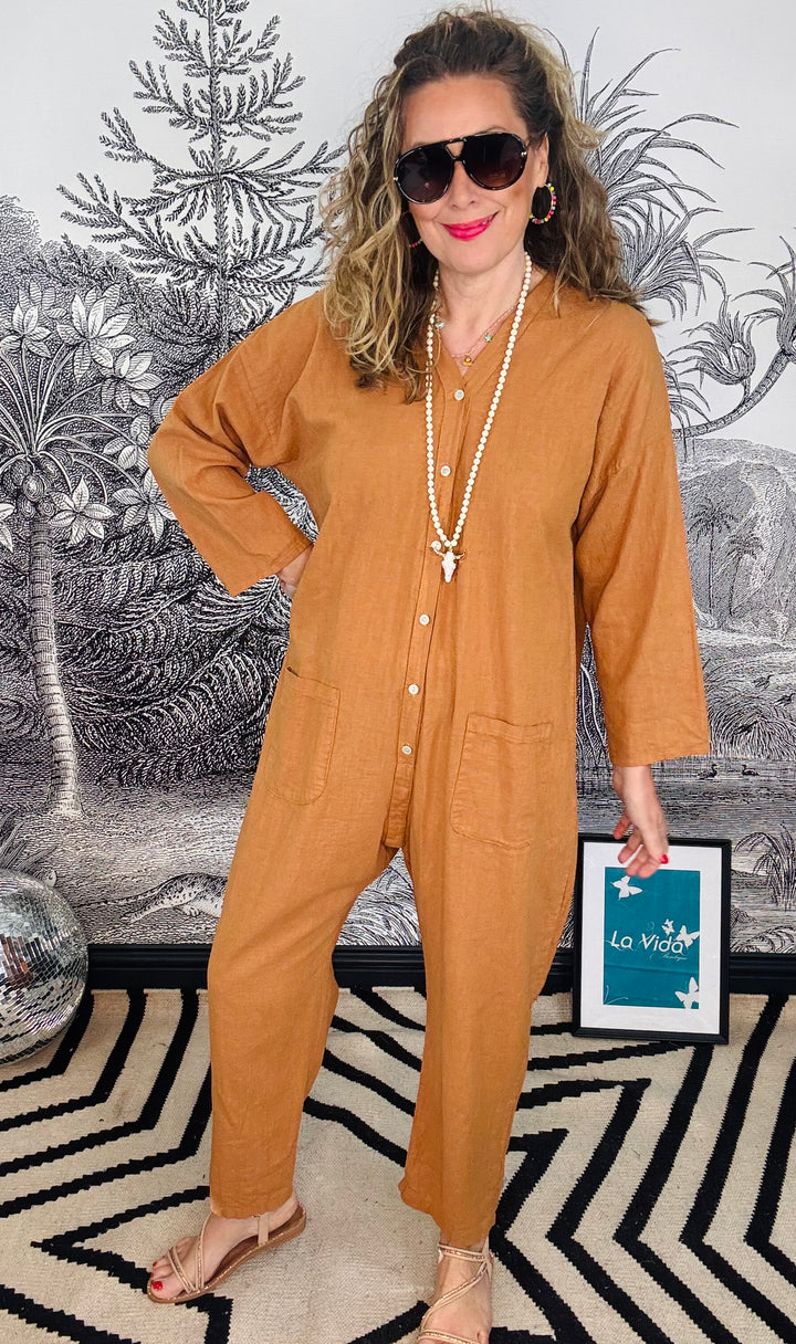 Lisbon Linen Button Down Boiler Suit in Tan Colour