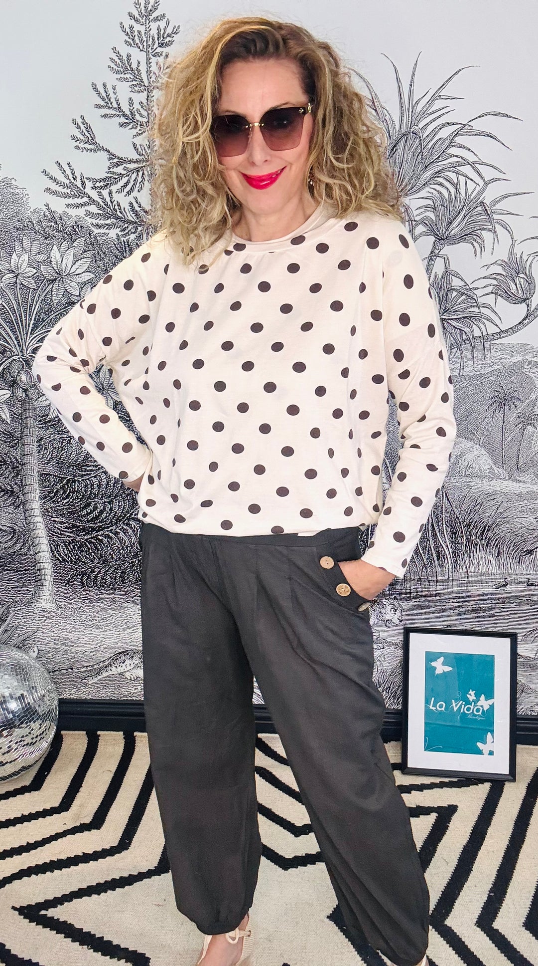 Zelda Long Sleeve Oversized Brown Polka Dot Top