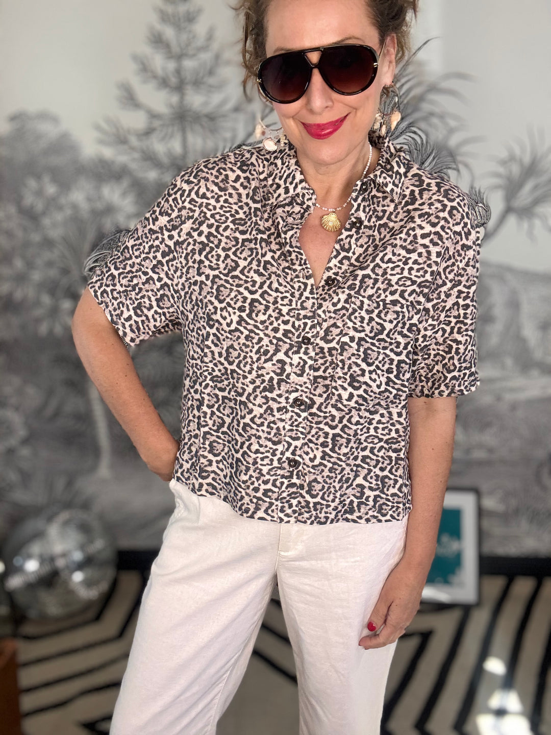 Nora Blouse In Leopard Print Linen