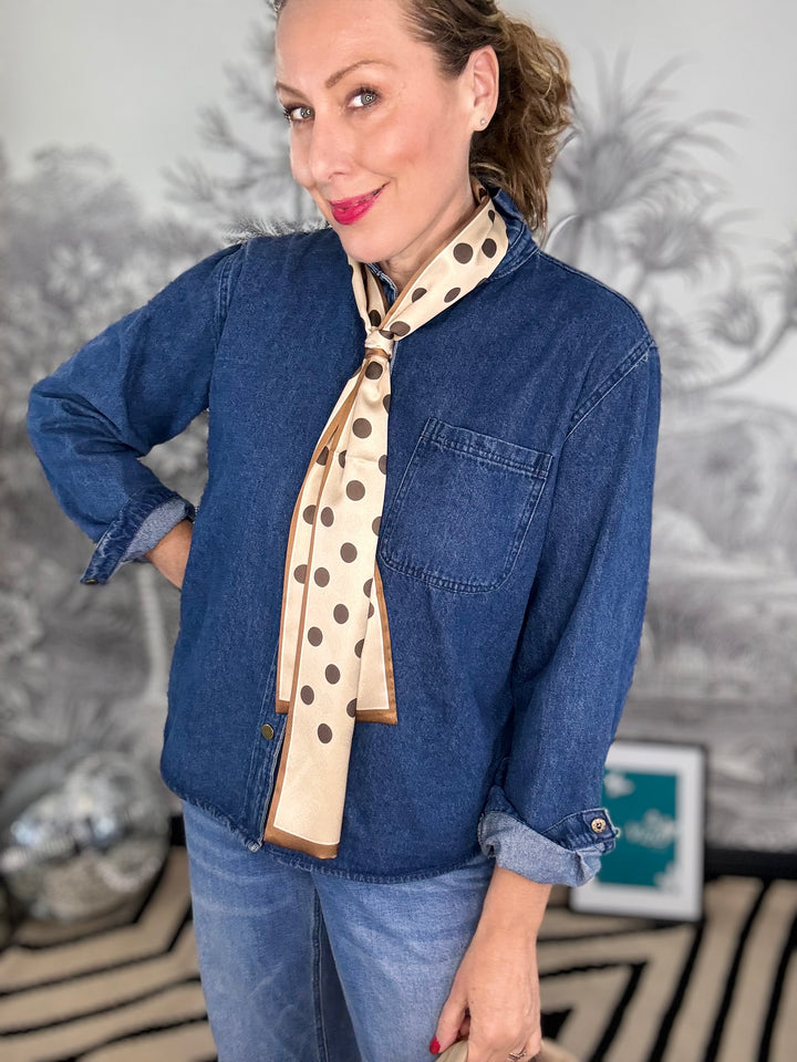 Danni Polka Dot Cream Long Silky Scarf with Chocolate Spots