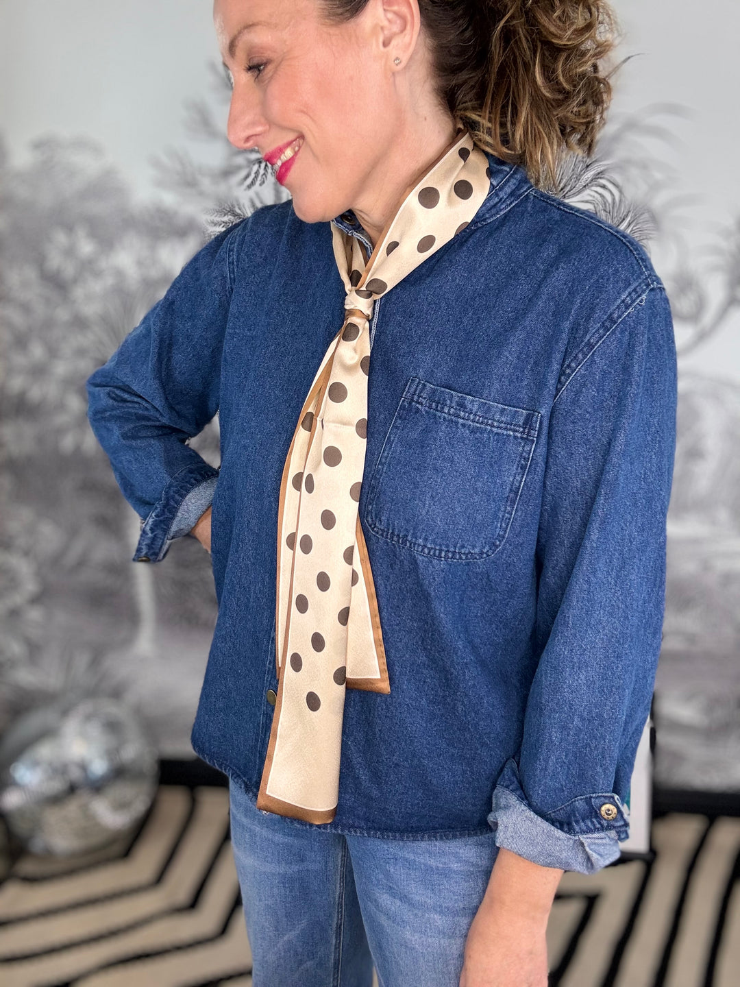 Danni Polka Dot Cream Long Silky Scarf with Chocolate Spots