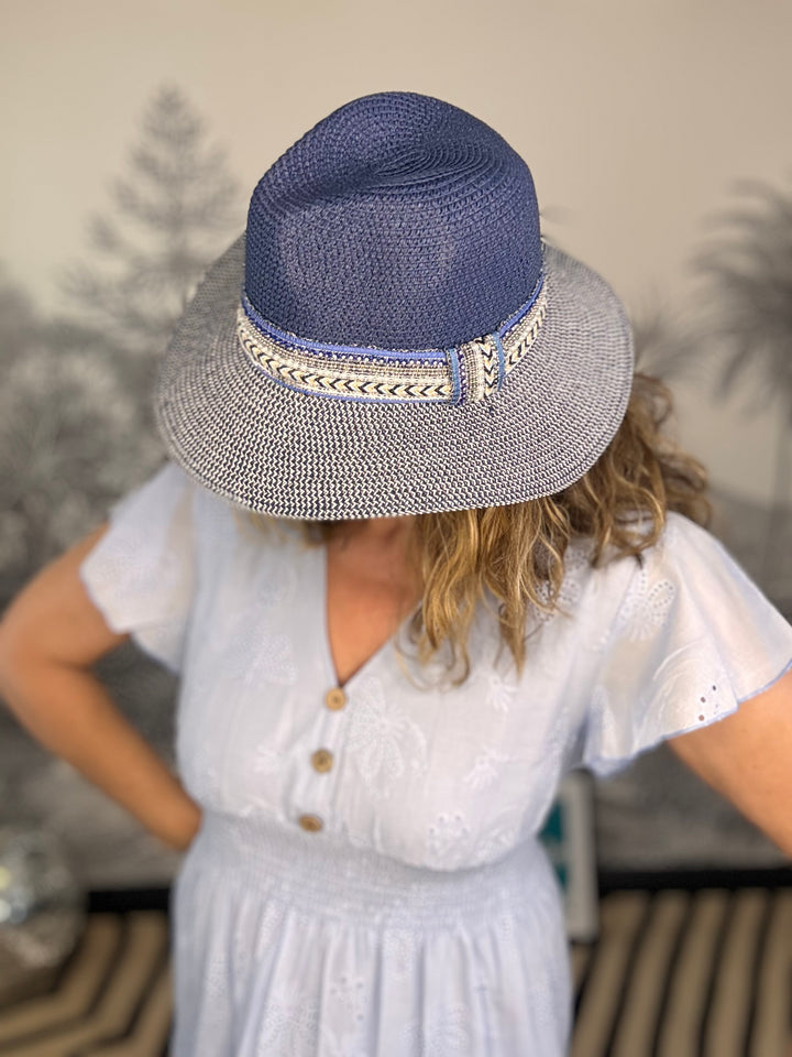 Navy Blue Jewelled Band Panama Foldable Hat (57cm)