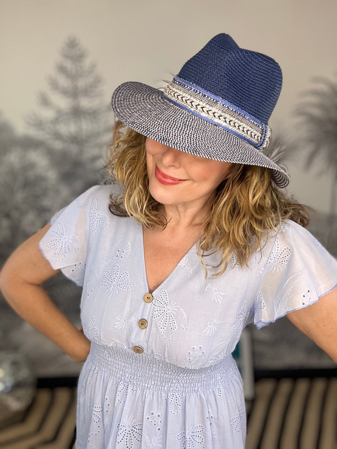 Navy Blue Jewelled Band Panama Foldable Hat (57cm)