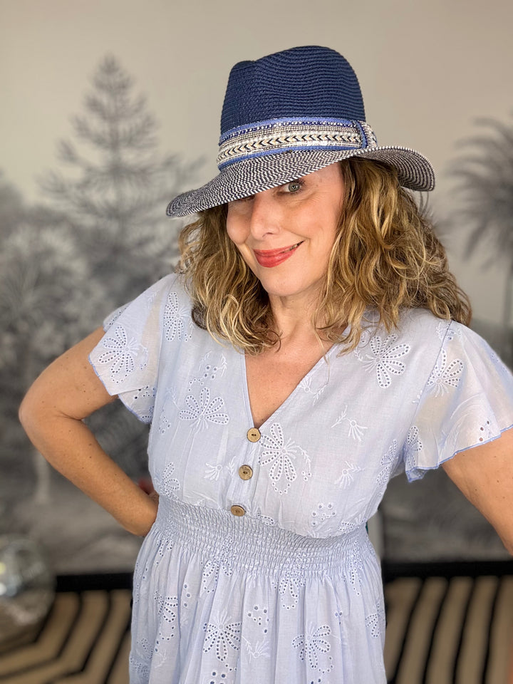 Navy Blue Jewelled Band Panama Foldable Hat (57cm)
