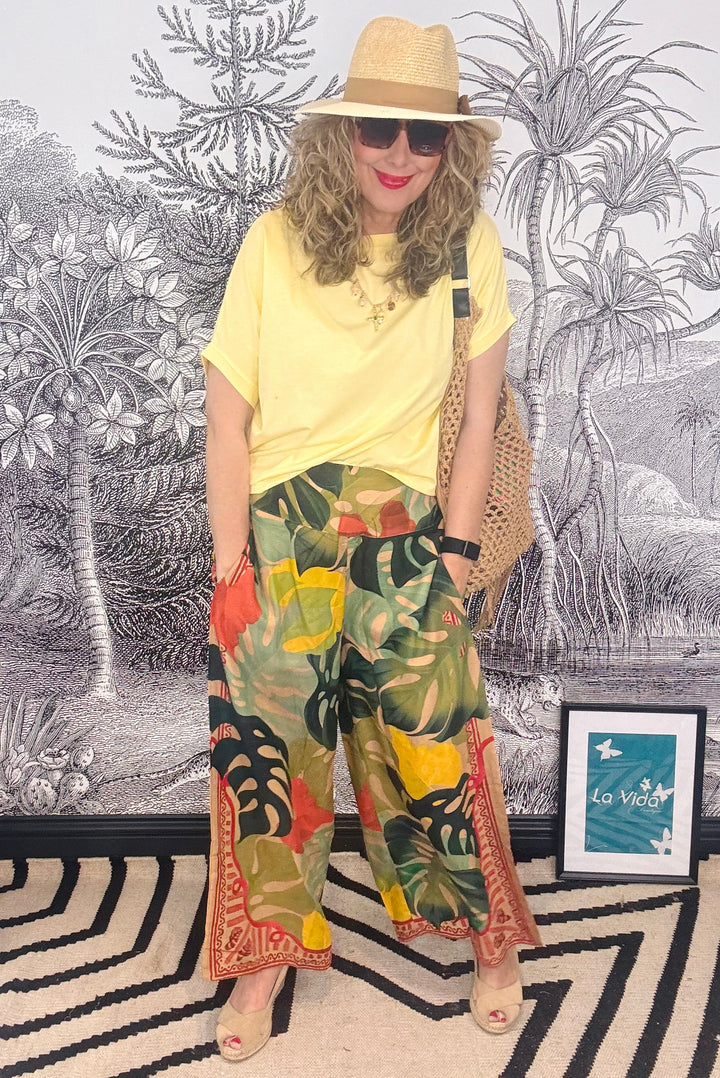 Exotic Leaves Cotton Wide Leg Trousers