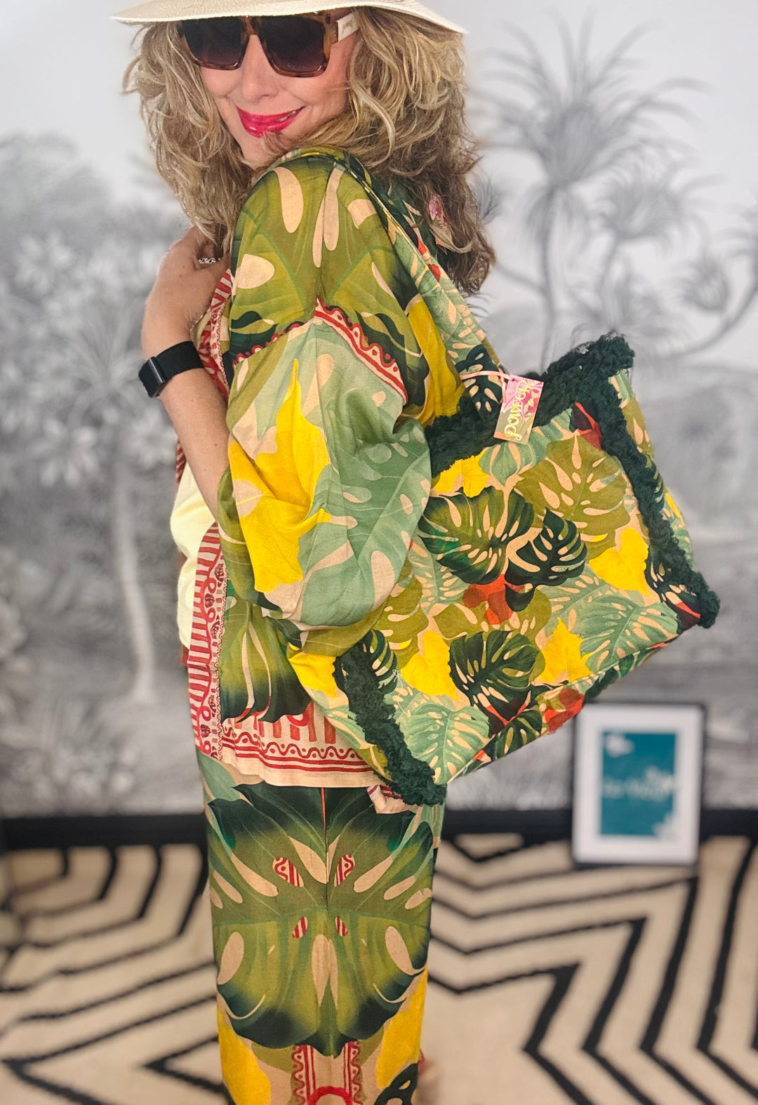 Fringed Box Tote Bag in Exotic Green Leaves