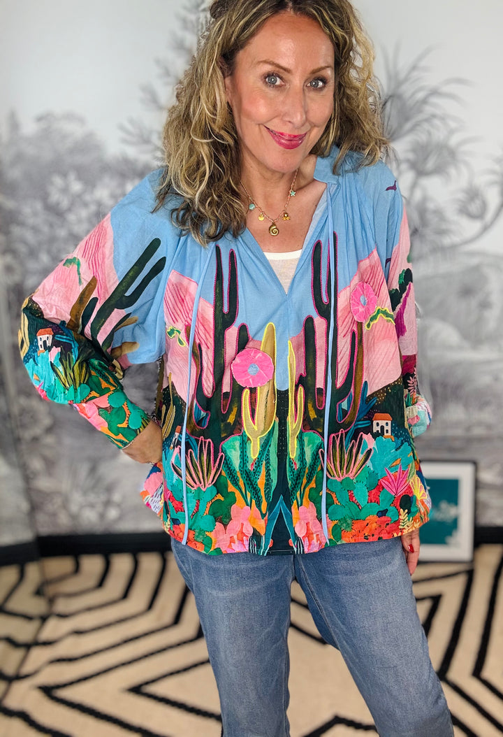 Mexico Printed Flowy Blouse in Blue